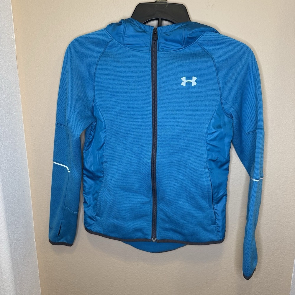 Youth Girls Medium Under Armour Jacket Blue Cold Gear Full Zip Hood‎